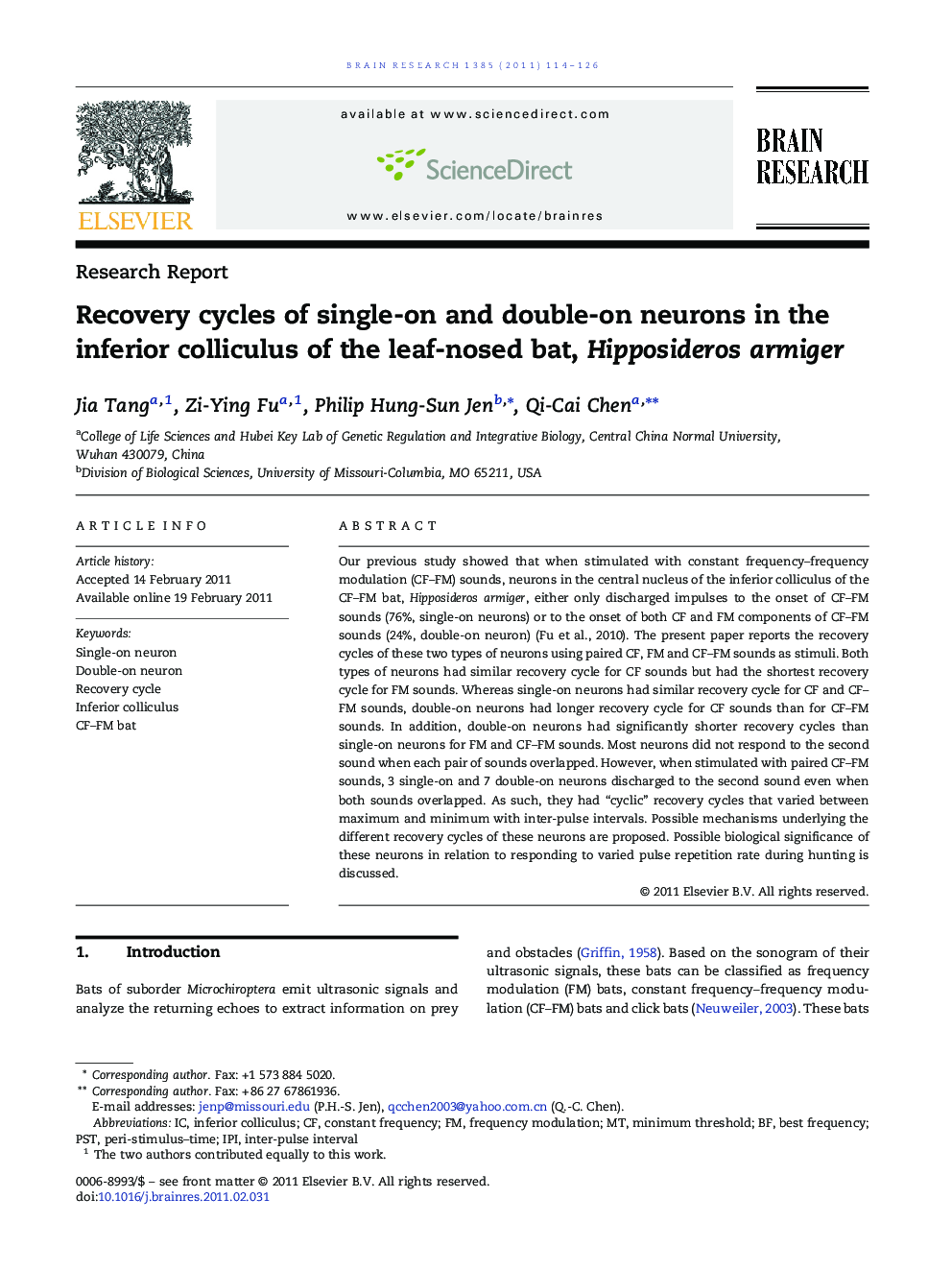 Research ReportRecovery cycles of single-on and double-on neurons in the inferior colliculus of the leaf-nosed bat, Hipposideros armiger