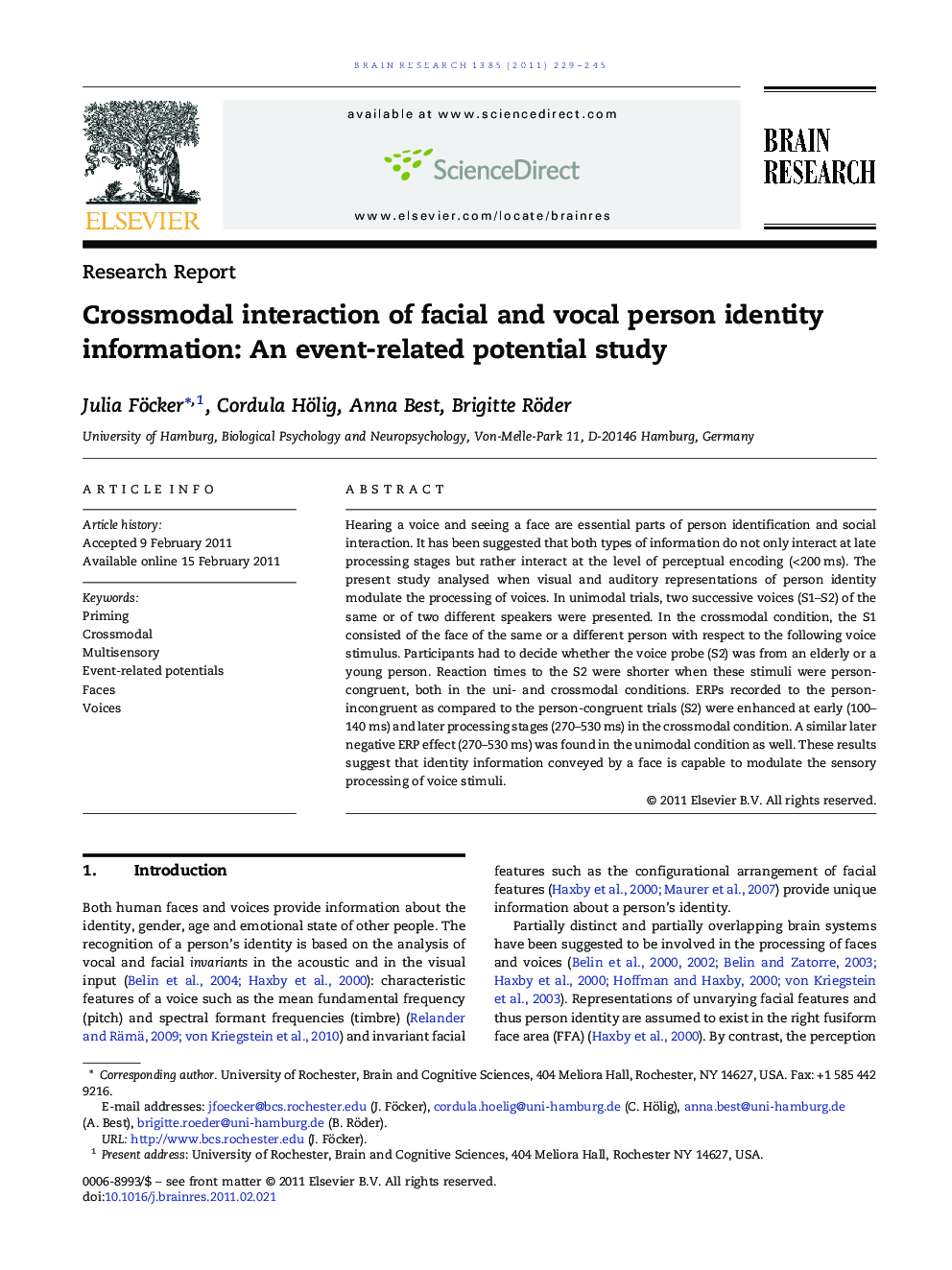 Research ReportCrossmodal interaction of facial and vocal person identity information: An event-related potential study