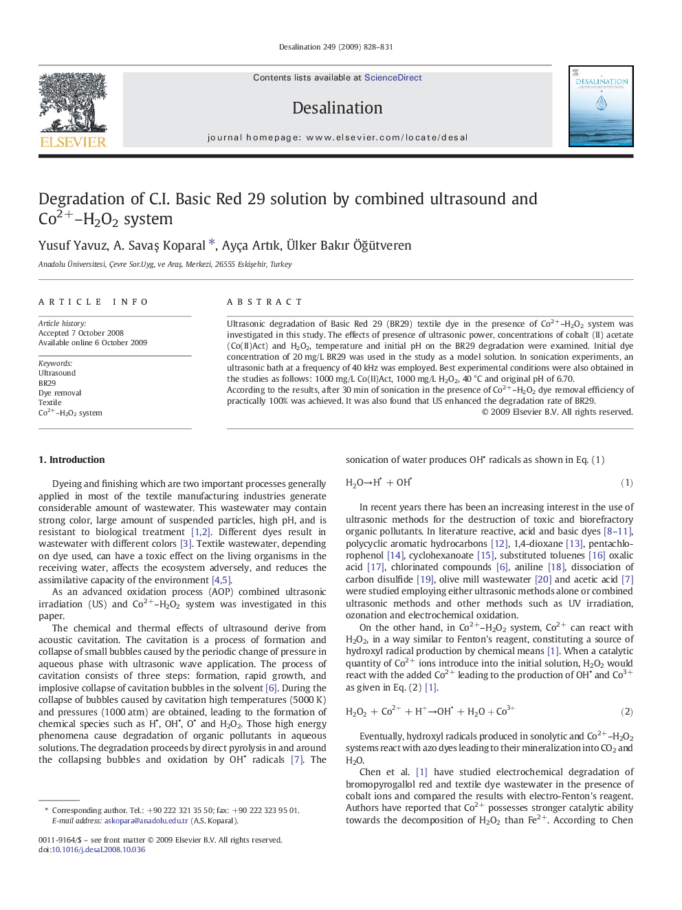 Degradation of C.I. Basic Red 29 solution by combined ultrasound and Co2+–H2O2 system