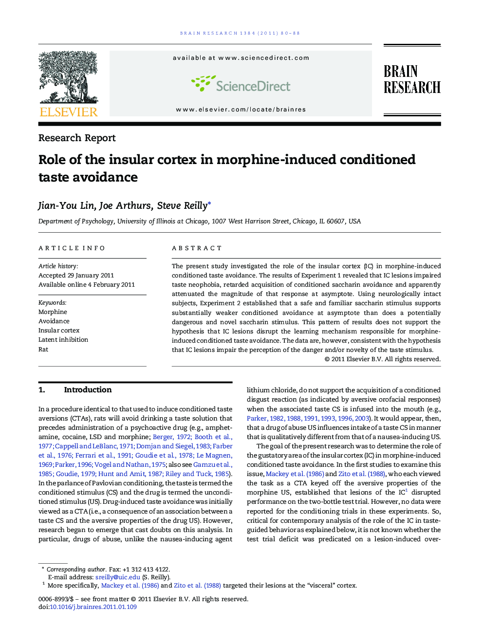 Research ReportRole of the insular cortex in morphine-induced conditioned taste avoidance