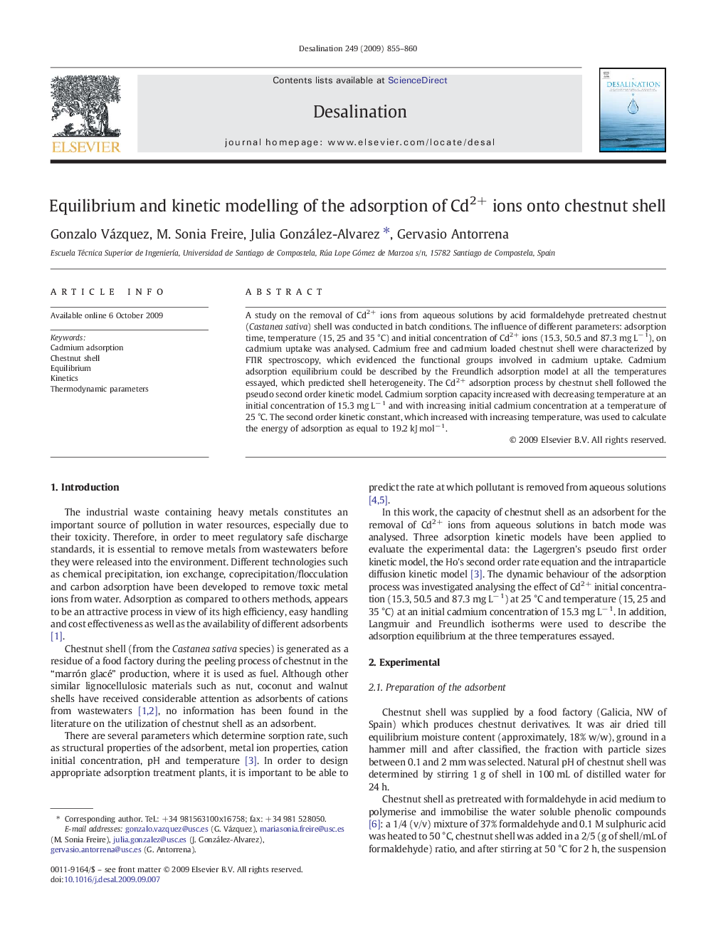 Equilibrium and kinetic modelling of the adsorption of Cd2+ ions onto chestnut shell