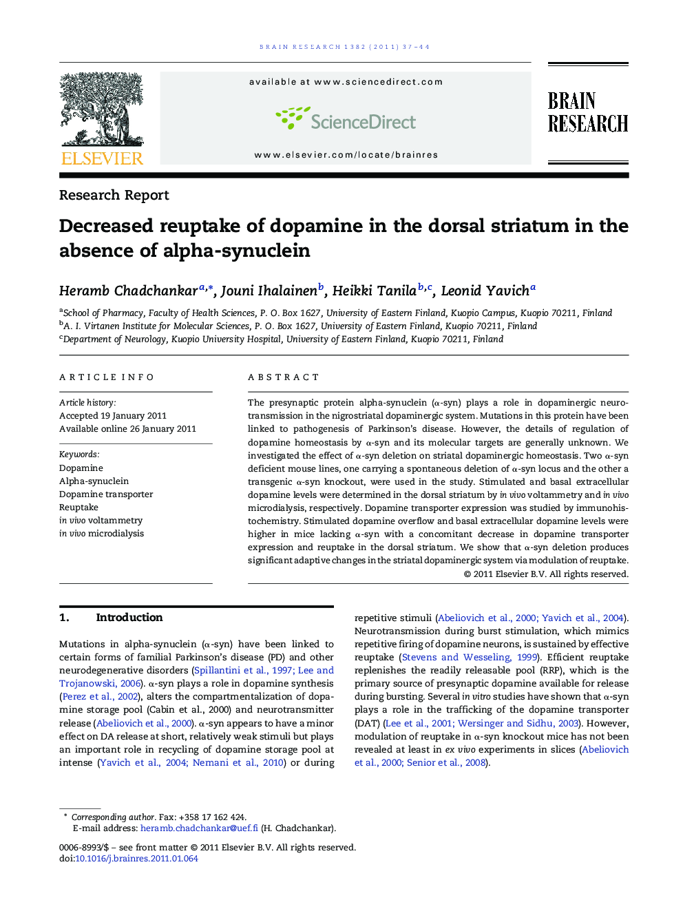 Research ReportDecreased reuptake of dopamine in the dorsal striatum in the absence of alpha-synuclein