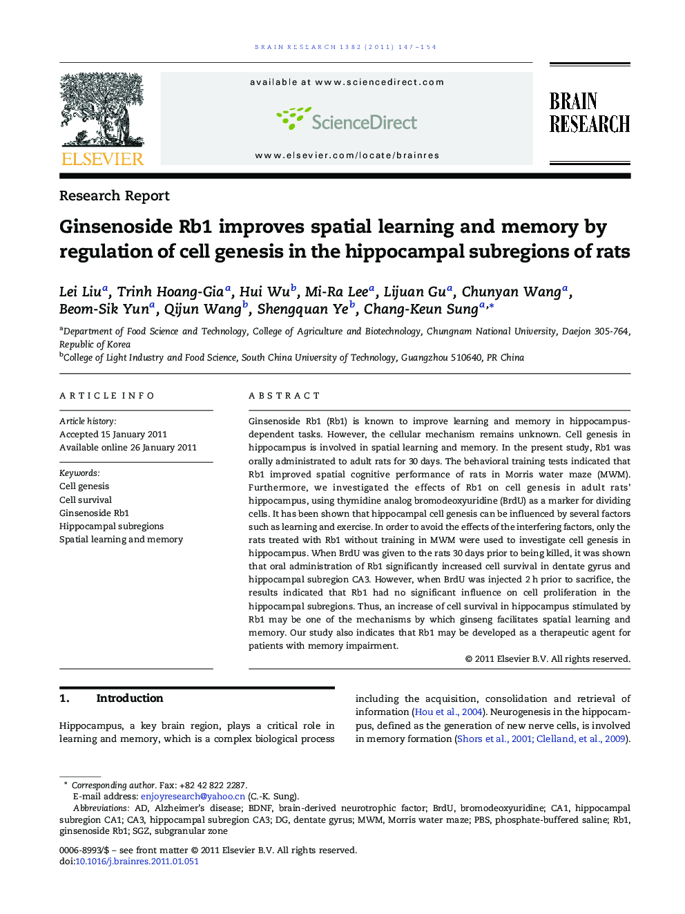 Ginsenoside Rb1 improves spatial learning and memory by regulation of cell genesis in the hippocampal subregions of rats