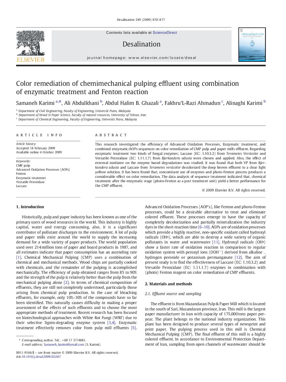 Color remediation of chemimechanical pulping effluent using combination of enzymatic treatment and Fenton reaction