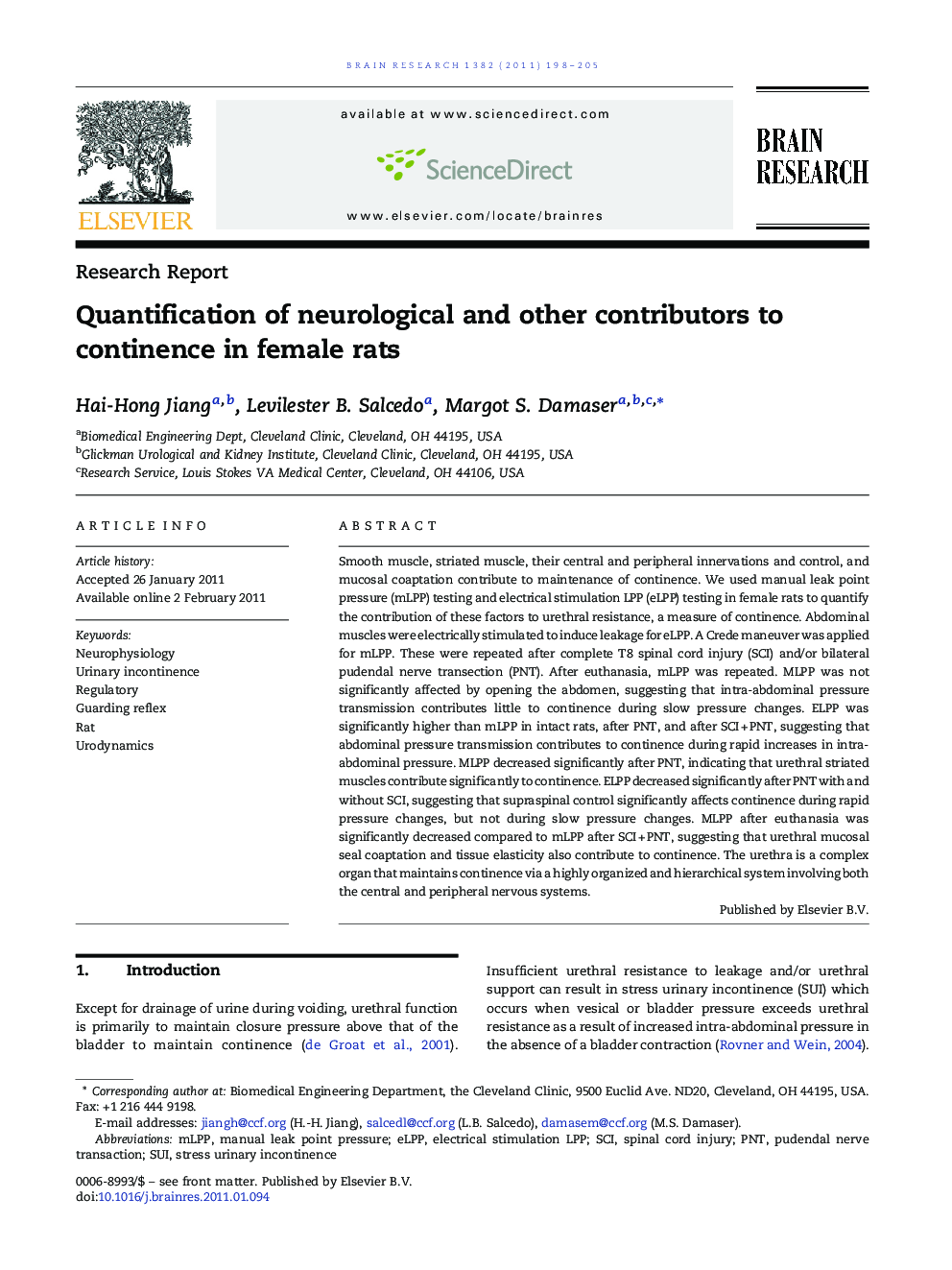 Quantification of neurological and other contributors to continence in female rats