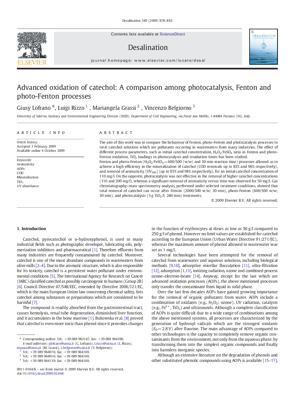 Advanced oxidation of catechol: A comparison among photocatalysis, Fenton and photo-Fenton processes