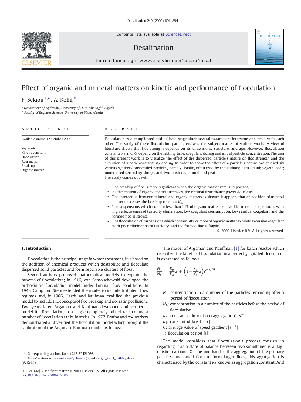 Effect of organic and mineral matters on kinetic and performance of flocculation