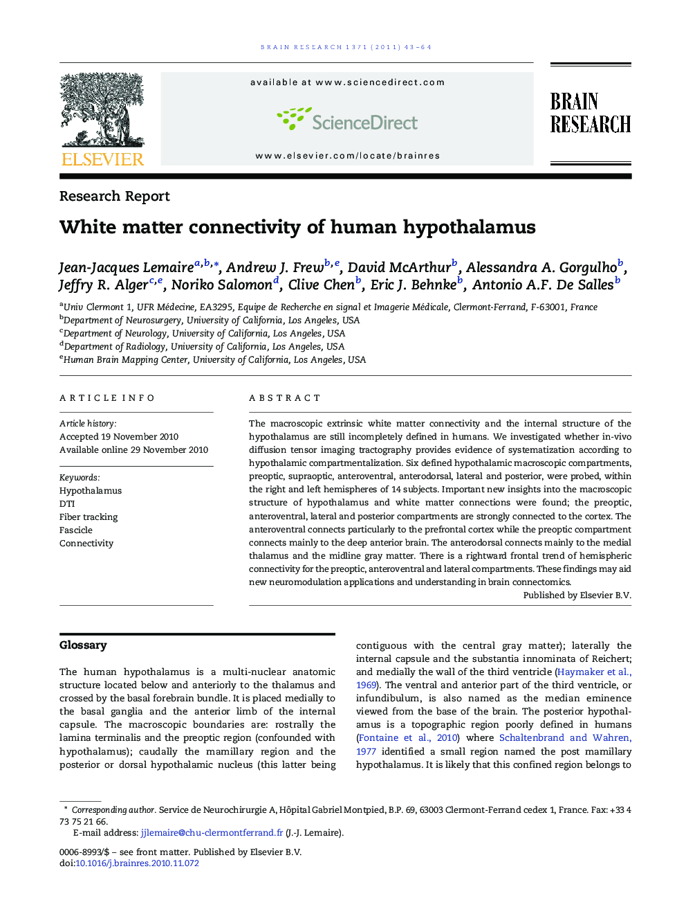 Research ReportWhite matter connectivity of human hypothalamus