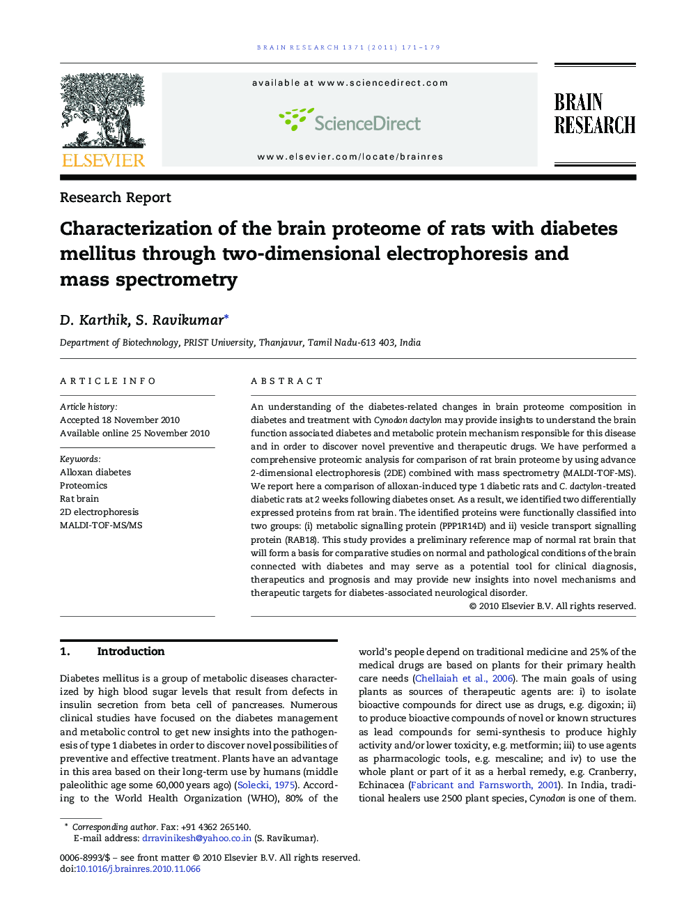 Research ReportCharacterization of the brain proteome of rats with diabetes mellitus through two-dimensional electrophoresis and mass spectrometry