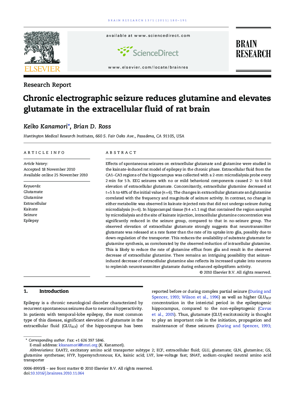 Research ReportChronic electrographic seizure reduces glutamine and elevates glutamate in the extracellular fluid of rat brain