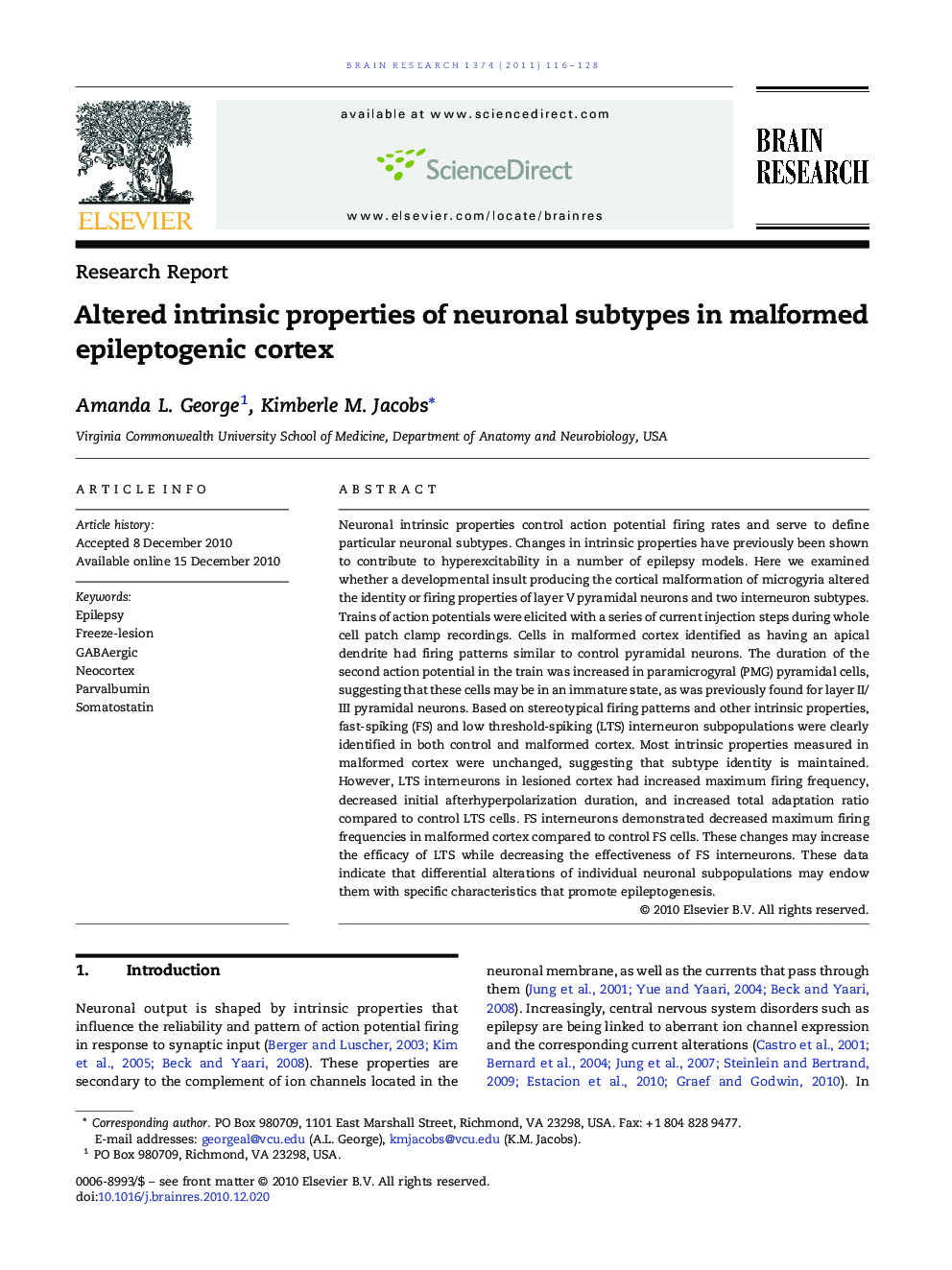 Research ReportAltered intrinsic properties of neuronal subtypes in malformed epileptogenic cortex