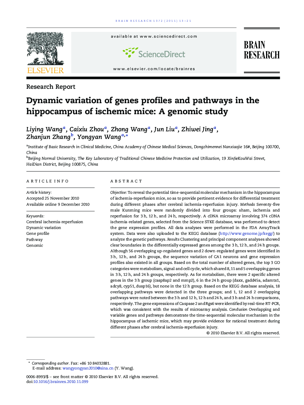 Research ReportDynamic variation of genes profiles and pathways in the hippocampus of ischemic mice: A genomic study