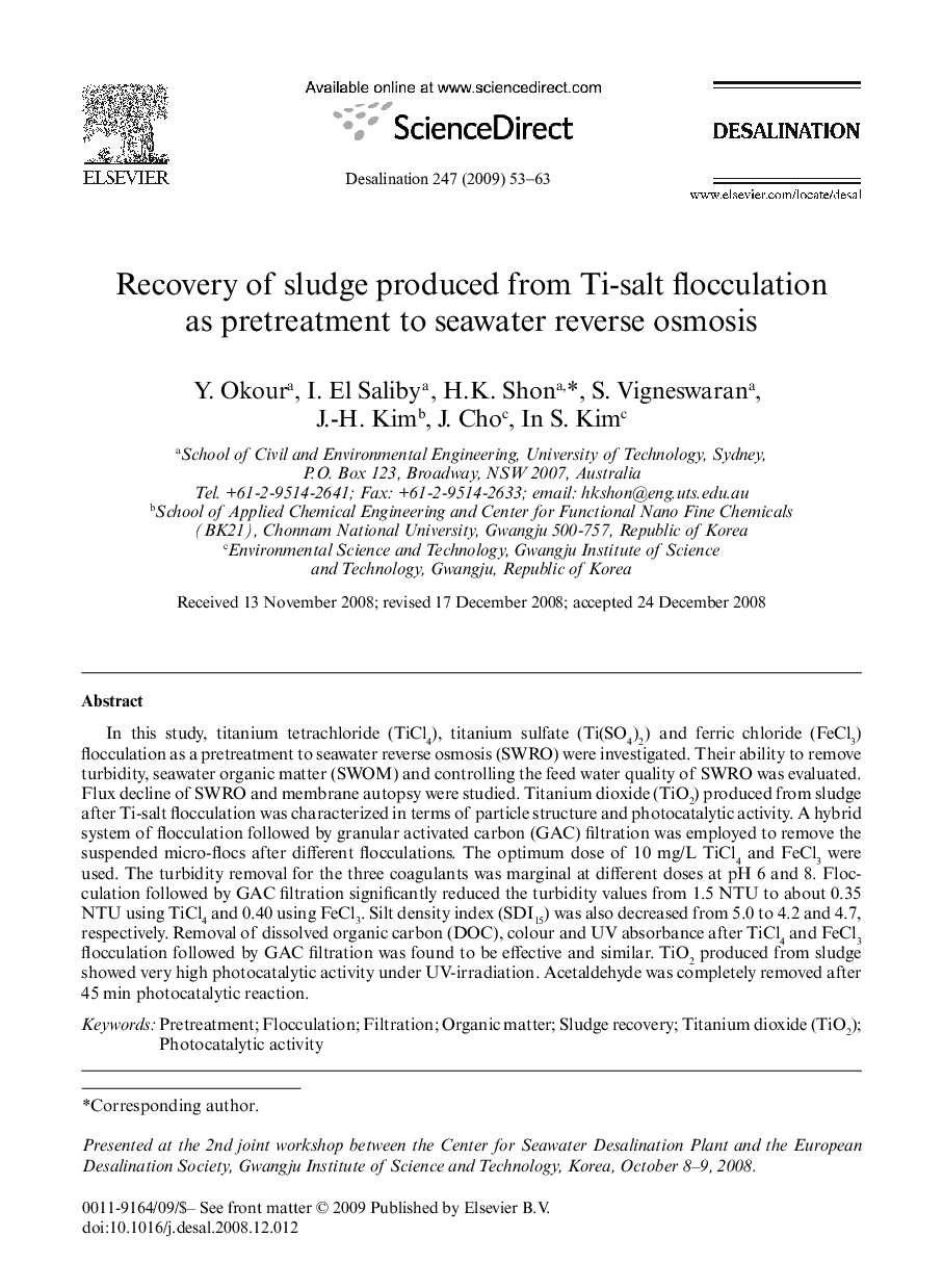 Recovery of sludge produced from Ti-salt flocculation as pretreatment to seawater reverse osmosis