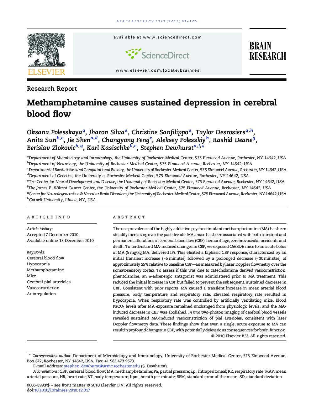 Research ReportMethamphetamine causes sustained depression in cerebral blood flow