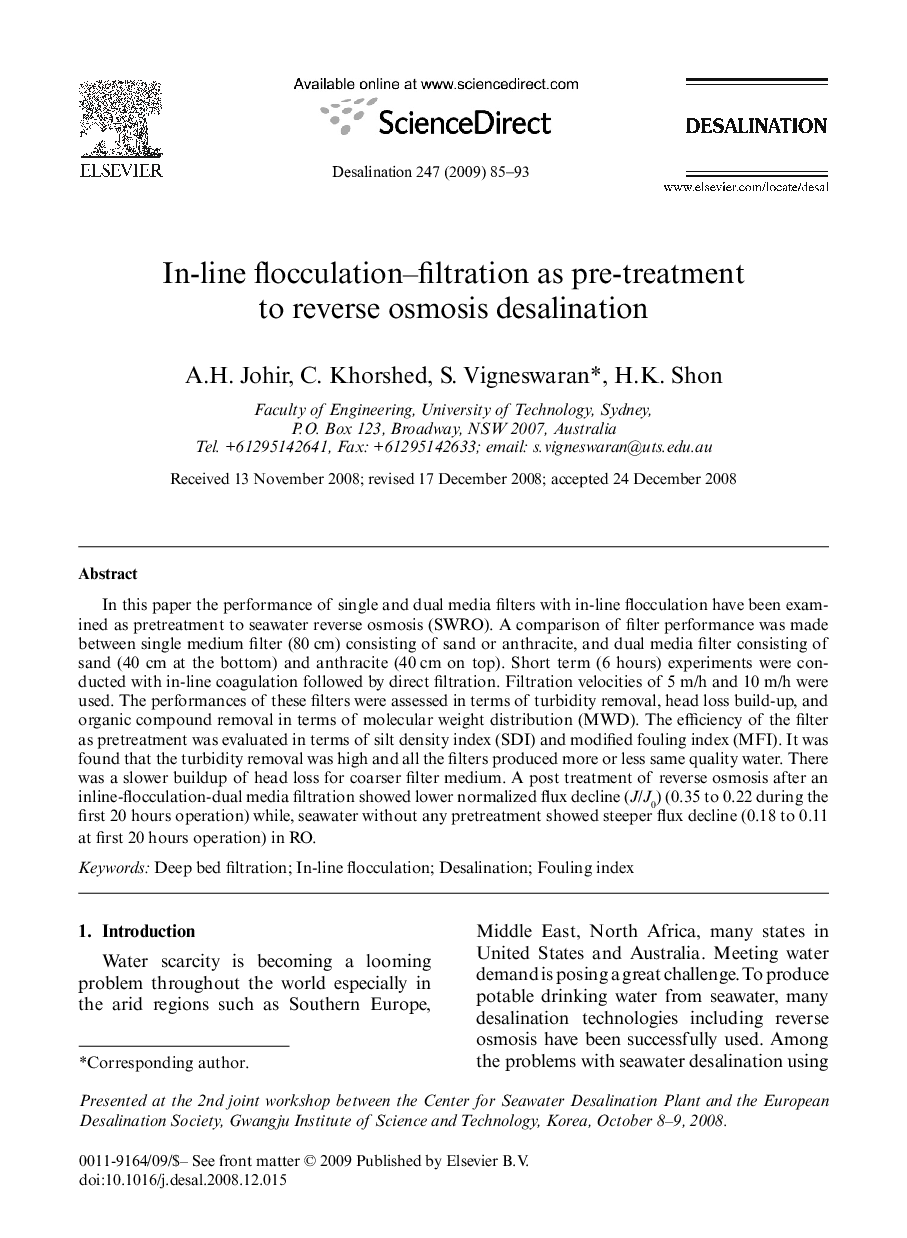 In-line flocculation–filtration as pre-treatment to reverse osmosis desalination