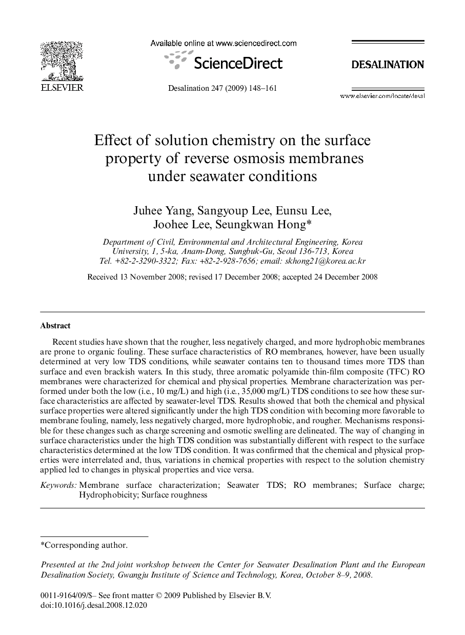 Effect of solution chemistry on the surface property of reverse osmosis membranes under seawater conditions