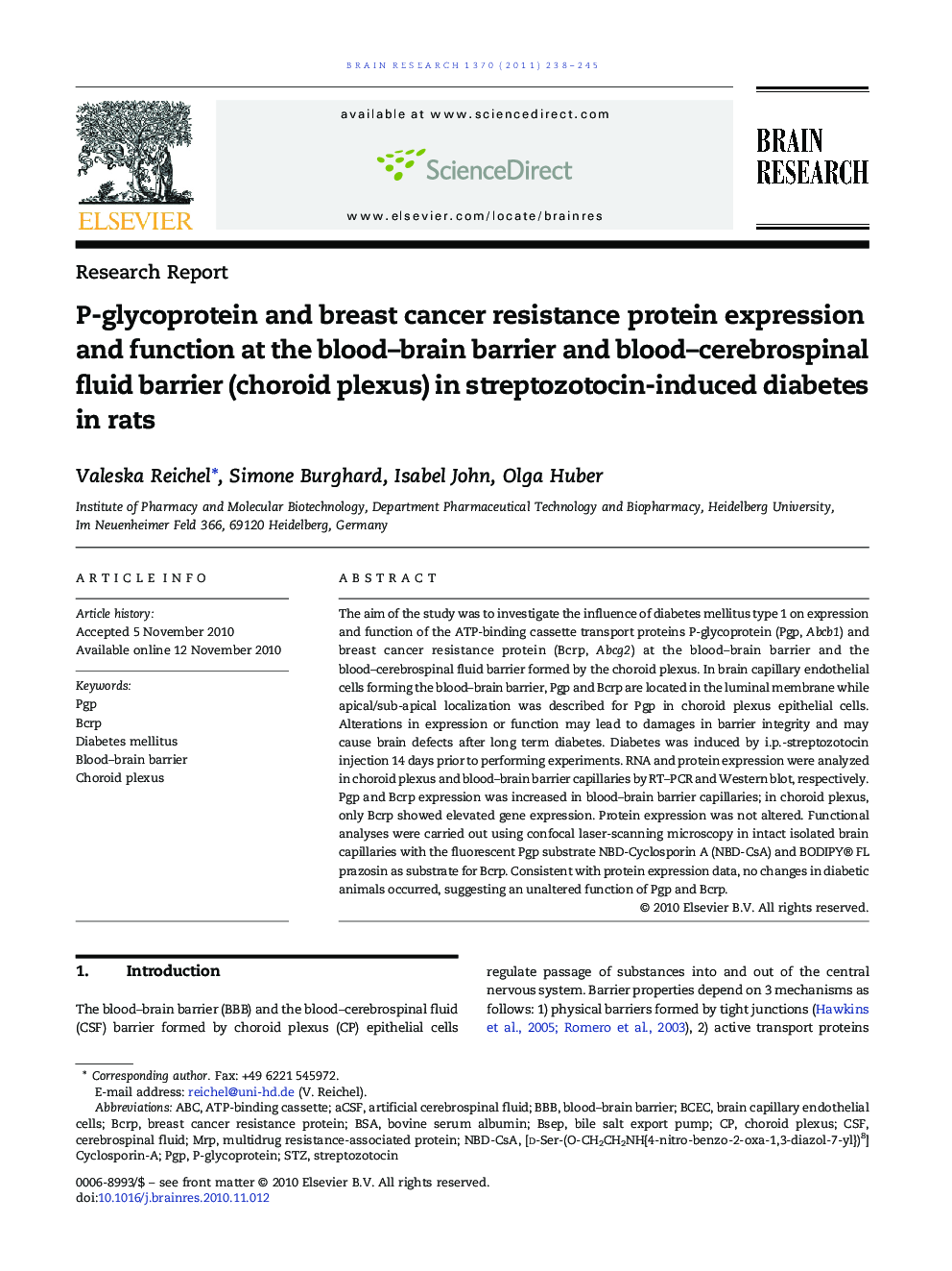 Research ReportP-glycoprotein and breast cancer resistance protein expression and function at the blood-brain barrier and blood-cerebrospinal fluid barrier (choroid plexus) in streptozotocin-induced diabetes in rats