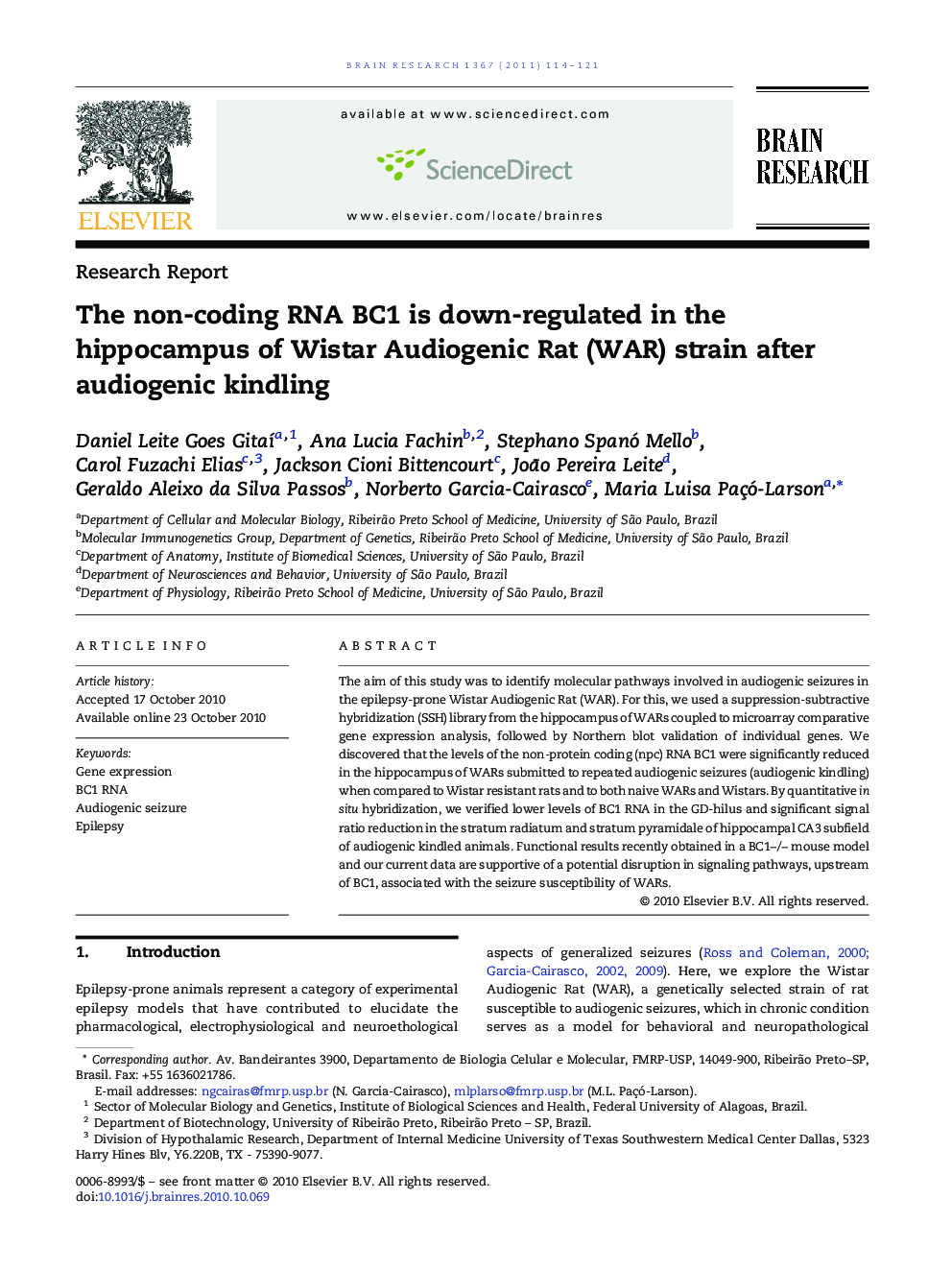 Research ReportThe non-coding RNA BC1 is down-regulated in the hippocampus of Wistar Audiogenic Rat (WAR) strain after audiogenic kindling