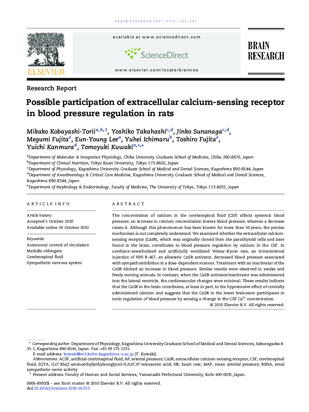 Research ReportPossible participation of extracellular calcium-sensing receptor in blood pressure regulation in rats