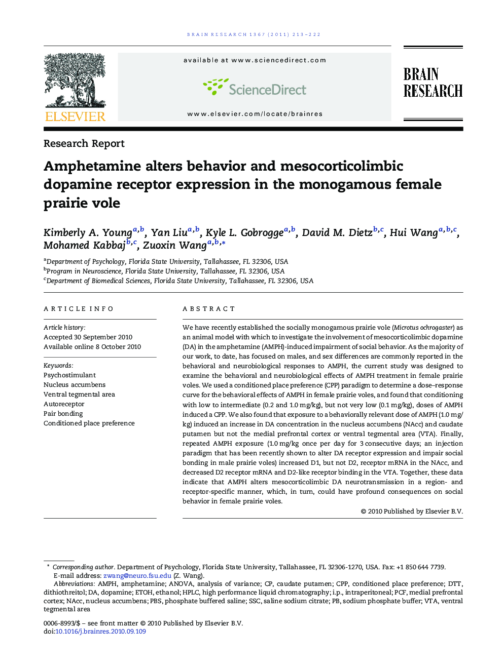 Research ReportAmphetamine alters behavior and mesocorticolimbic dopamine receptor expression in the monogamous female prairie vole