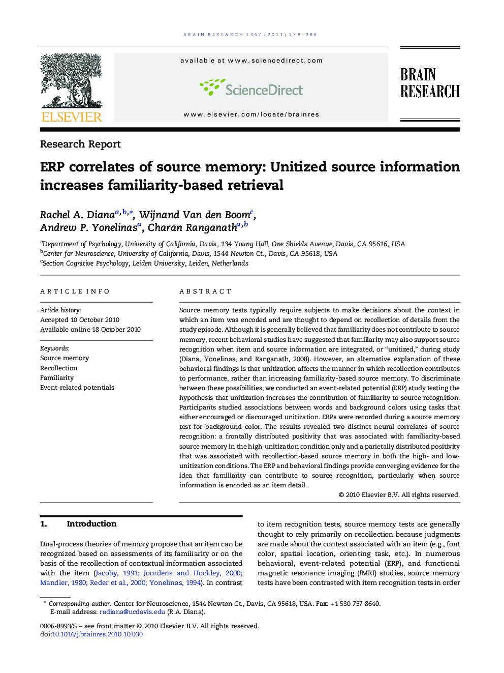 ERP correlates of source memory: Unitized source information increases familiarity-based retrieval