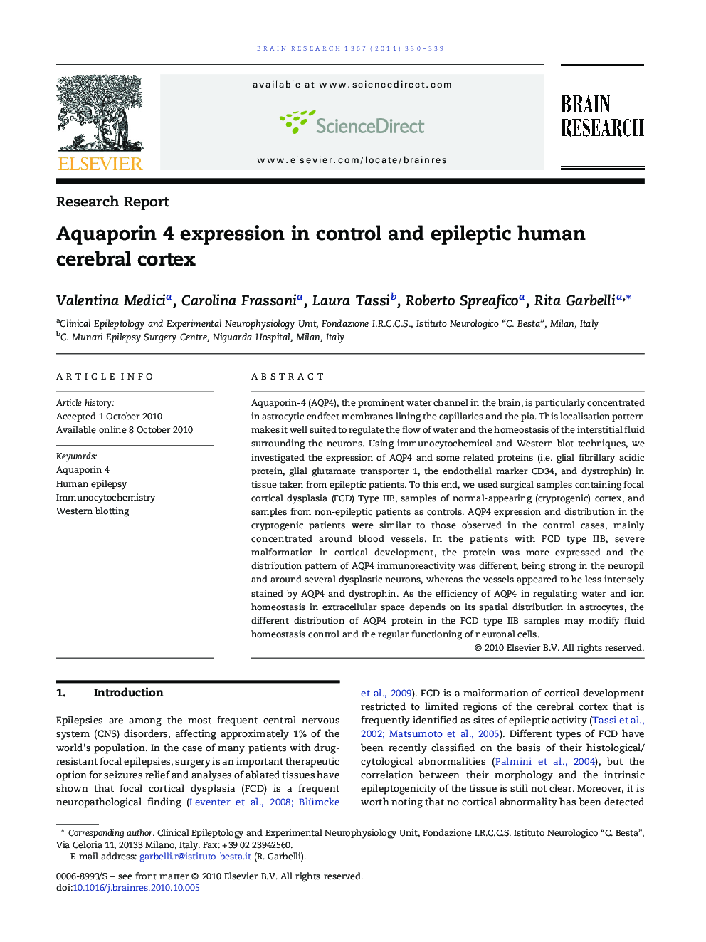 Research ReportAquaporin 4 expression in control and epileptic human cerebral cortex