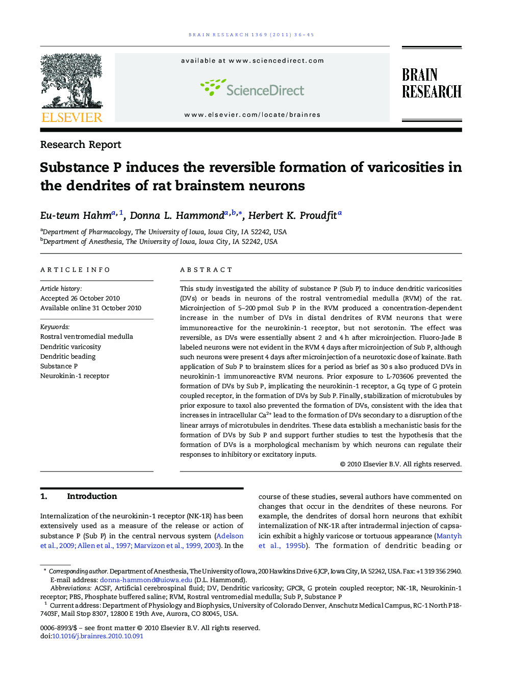 Research ReportSubstance P induces the reversible formation of varicosities in the dendrites of rat brainstem neurons