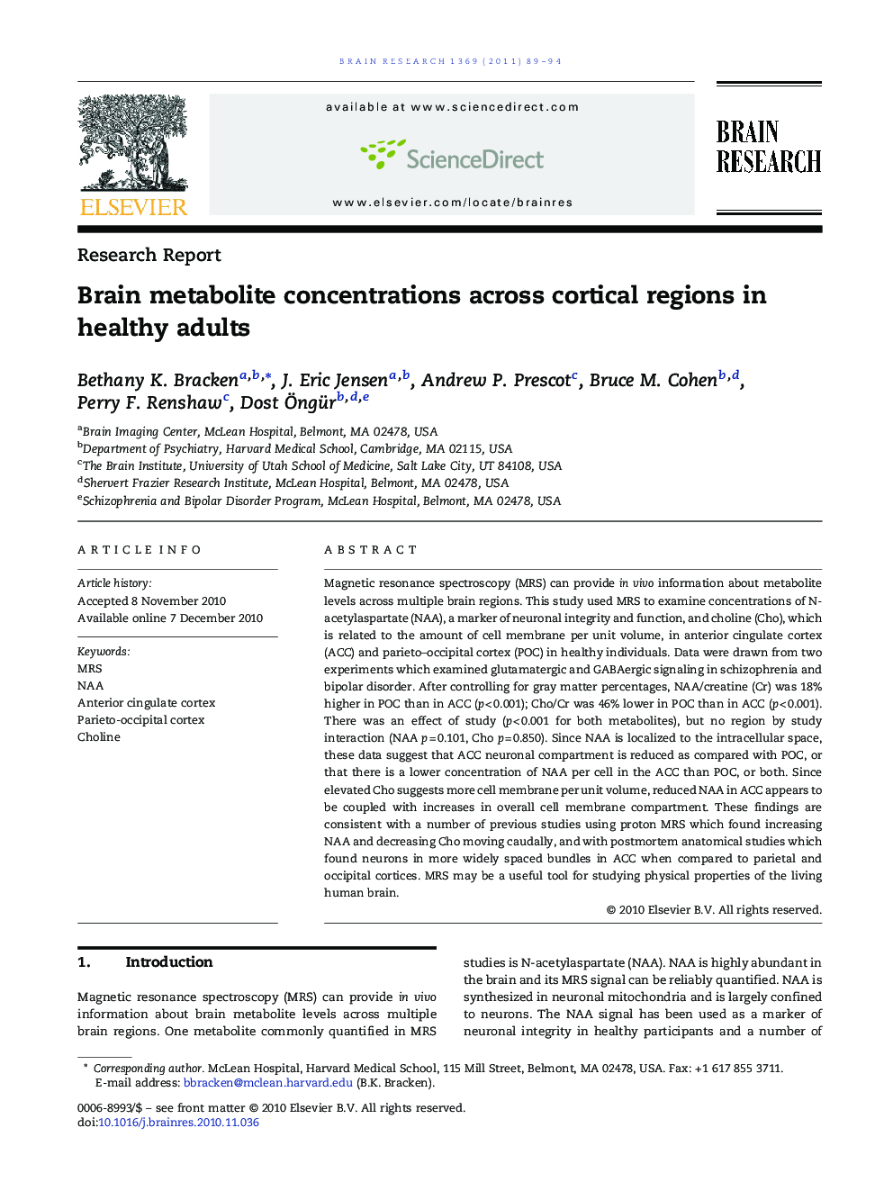 Research ReportBrain metabolite concentrations across cortical regions in healthy adults