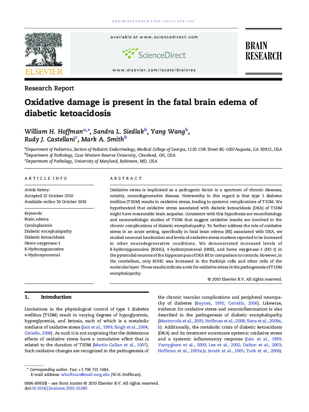 Research ReportOxidative damage is present in the fatal brain edema of diabetic ketoacidosis