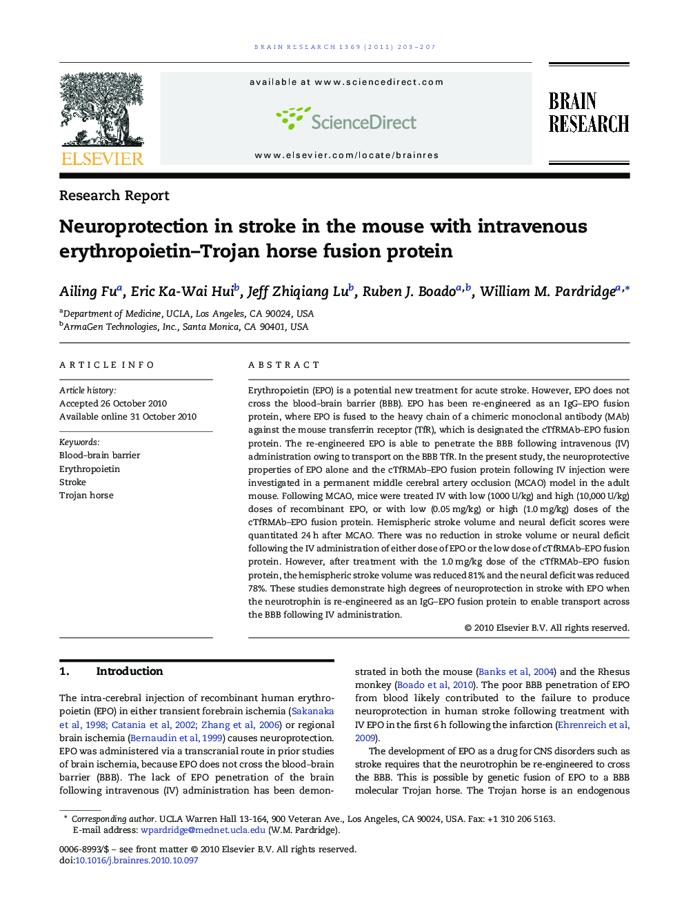 Research ReportNeuroprotection in stroke in the mouse with intravenous erythropoietin-Trojan horse fusion protein