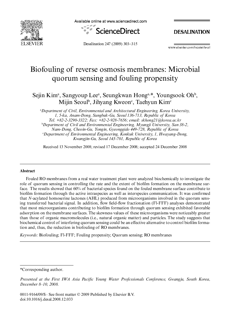 Biofouling of reverse osmosis membranes: Microbial quorum sensing and fouling propensity
