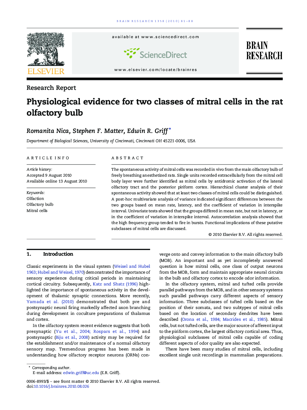 Research ReportPhysiological evidence for two classes of mitral cells in the rat olfactory bulb