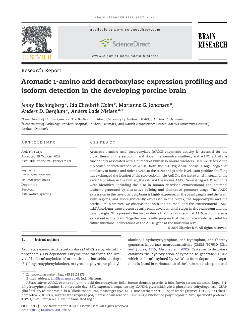 Aromatic l-amino acid decarboxylase expression profiling and isoform detection in the developing porcine brain