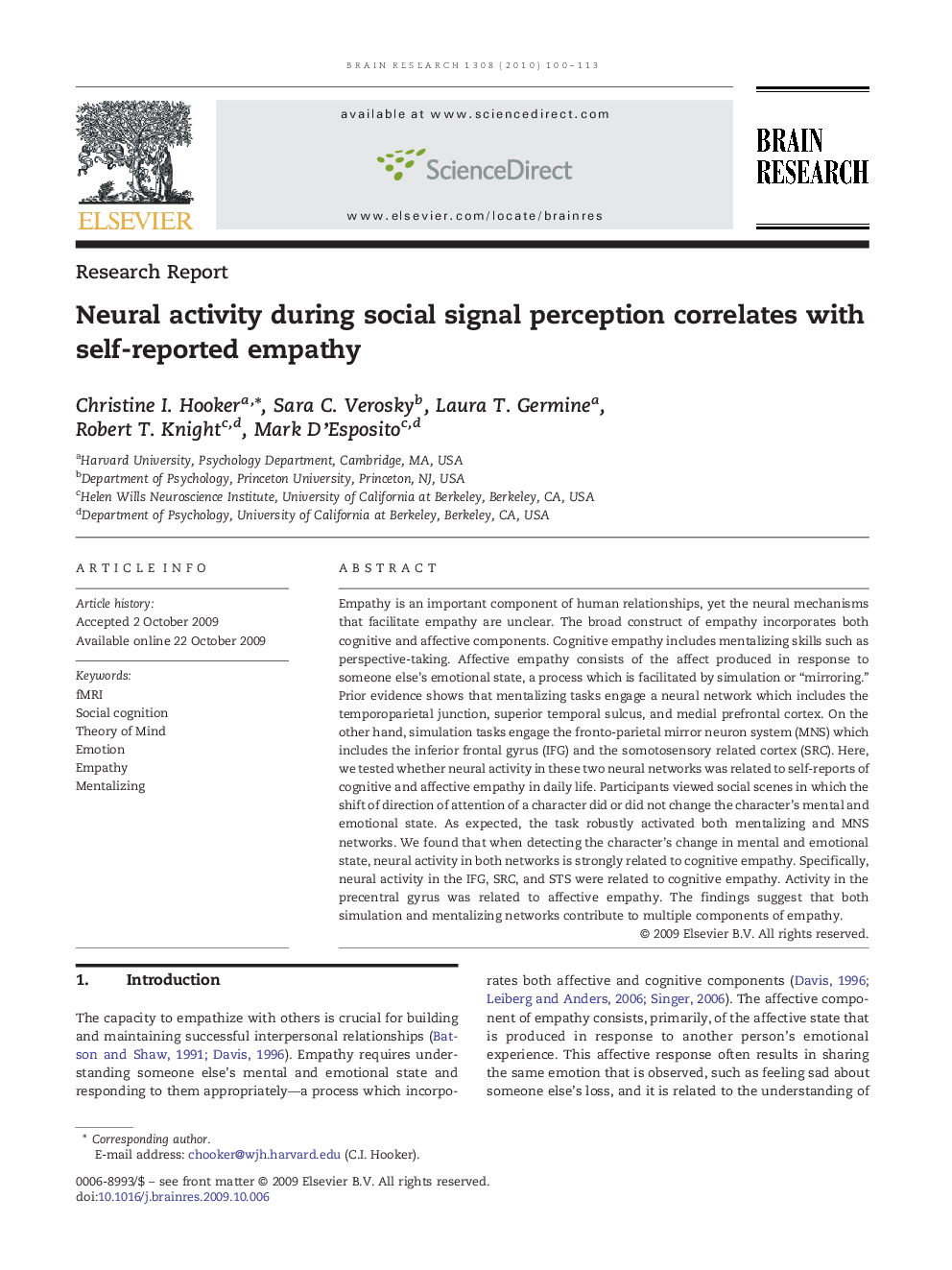 Research ReportNeural activity during social signal perception correlates with self-reported empathy