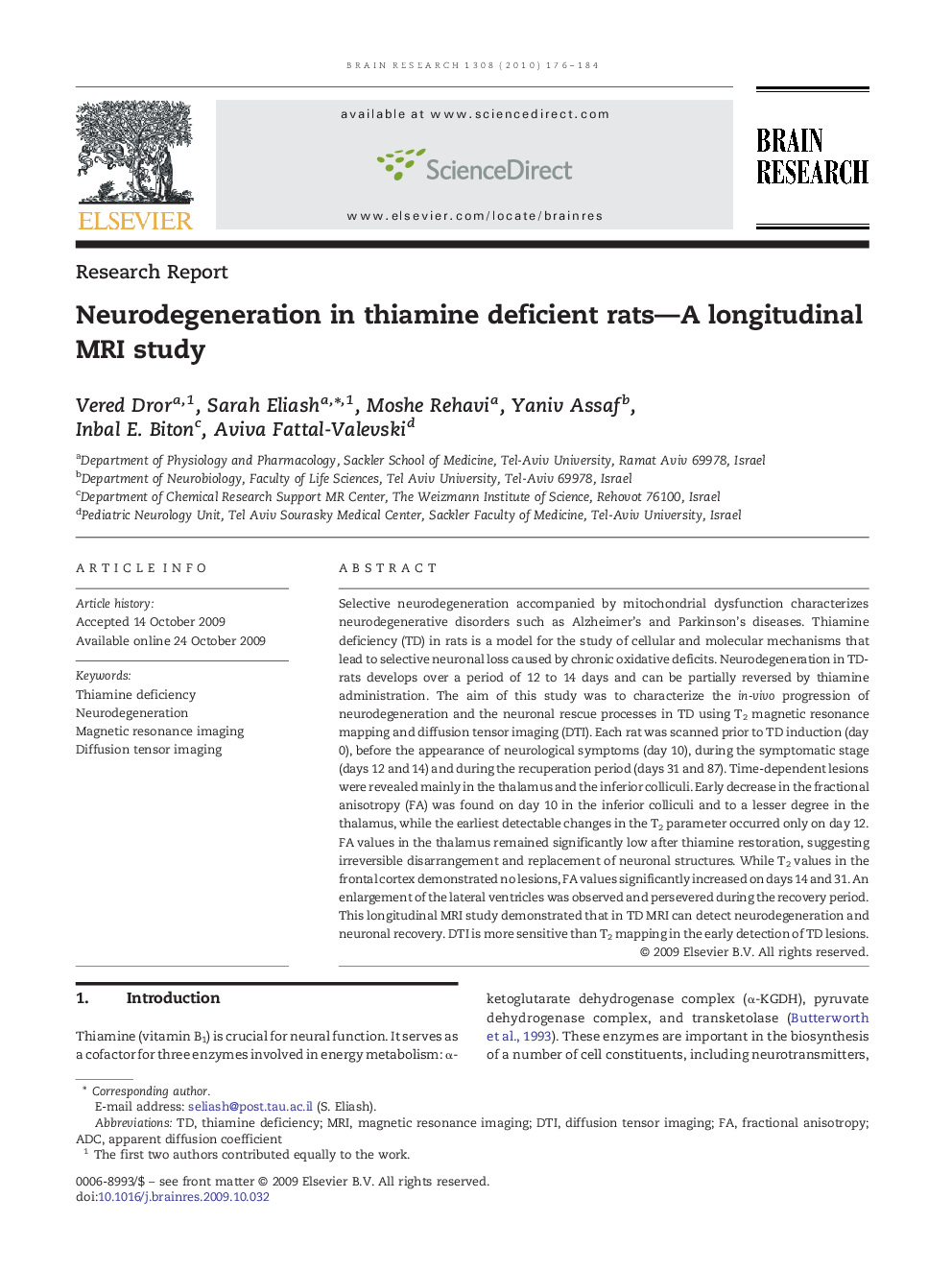 Research ReportNeurodegeneration in thiamine deficient rats-A longitudinal MRI study