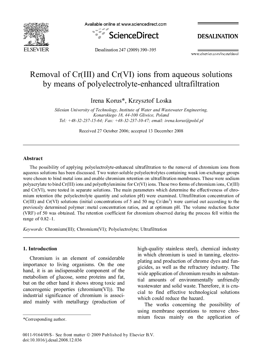 Removal of Cr(III) and Cr(VI) ions from aqueous solutions by means of polyelectrolyte-enhanced ultrafiltration