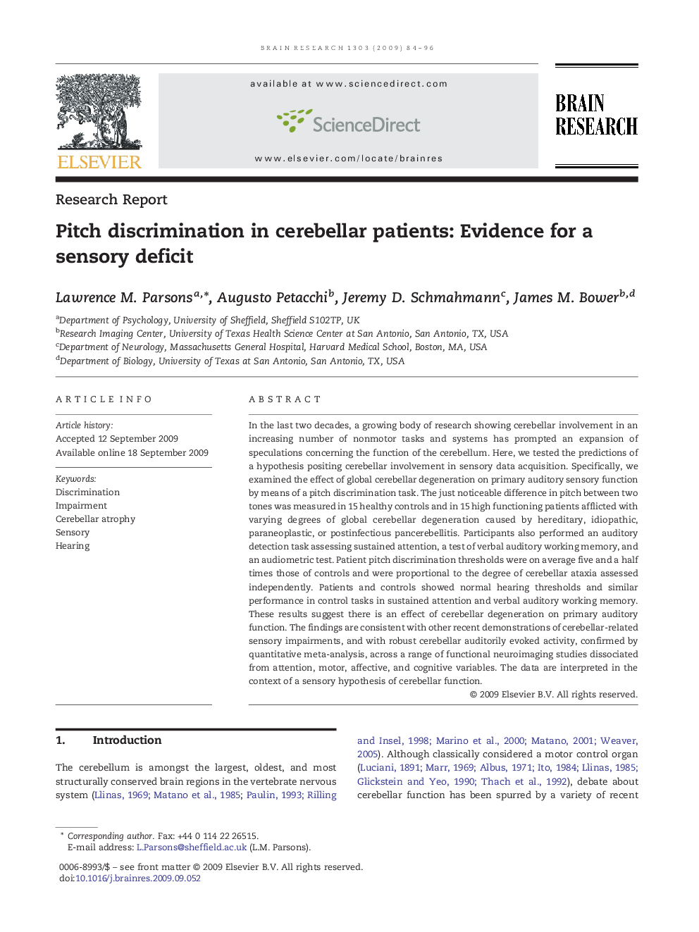 Research ReportPitch discrimination in cerebellar patients: Evidence for a sensory deficit