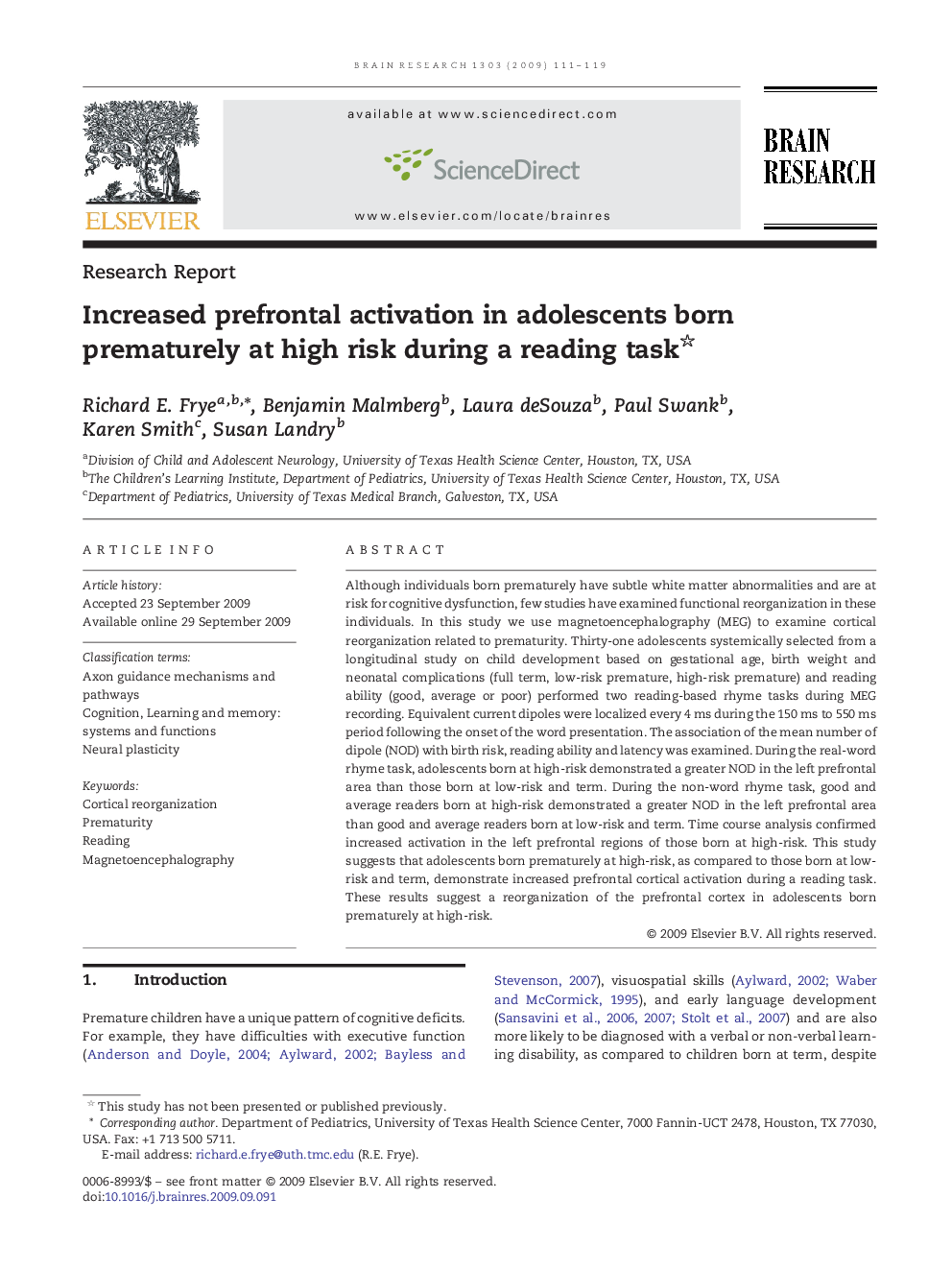 Research ReportIncreased prefrontal activation in adolescents born prematurely at high risk during a reading task