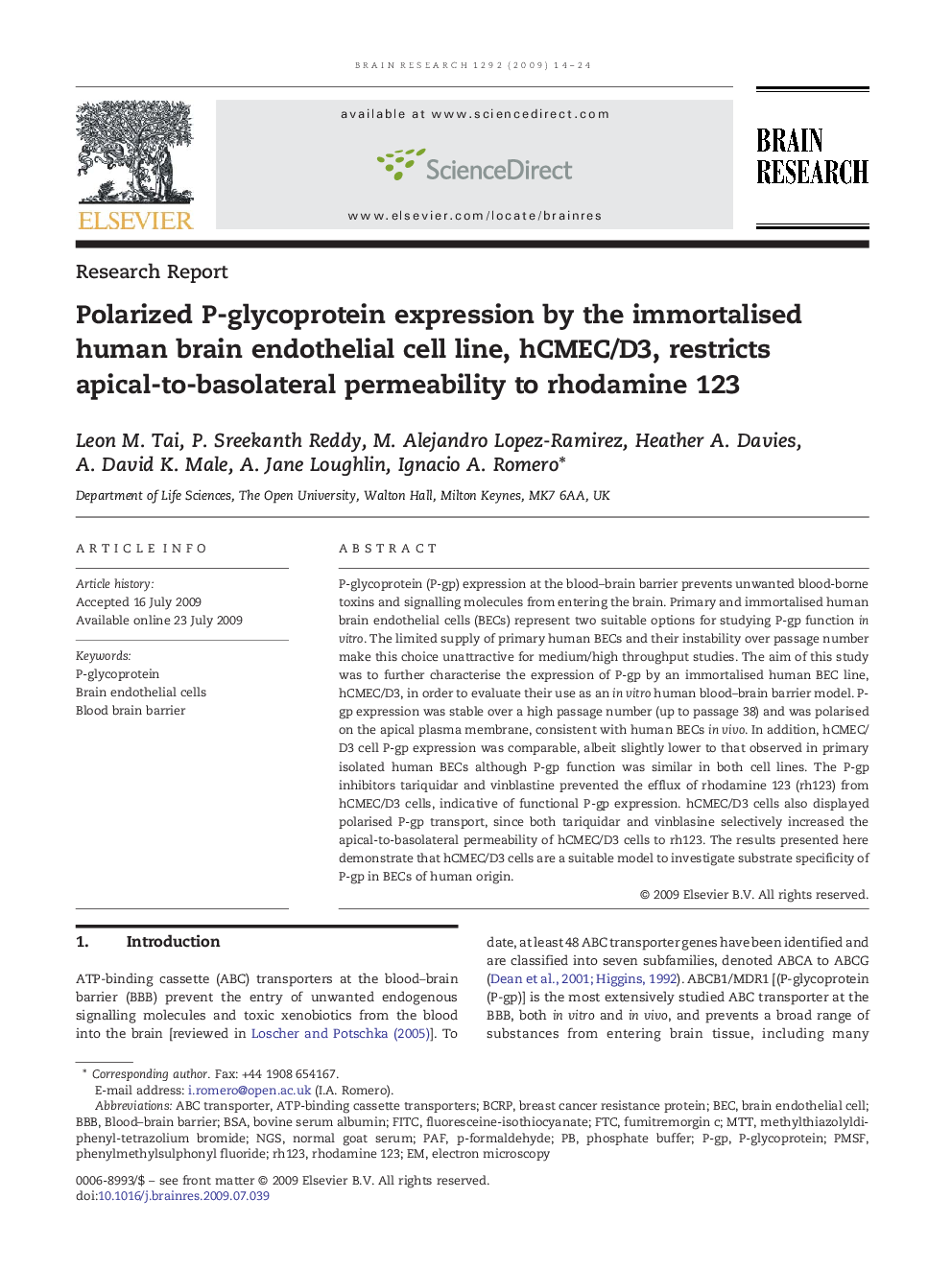 Polarized P-glycoprotein expression by the immortalised human brain endothelial cell line, hCMEC/D3, restricts apical-to-basolateral permeability to rhodamine 123