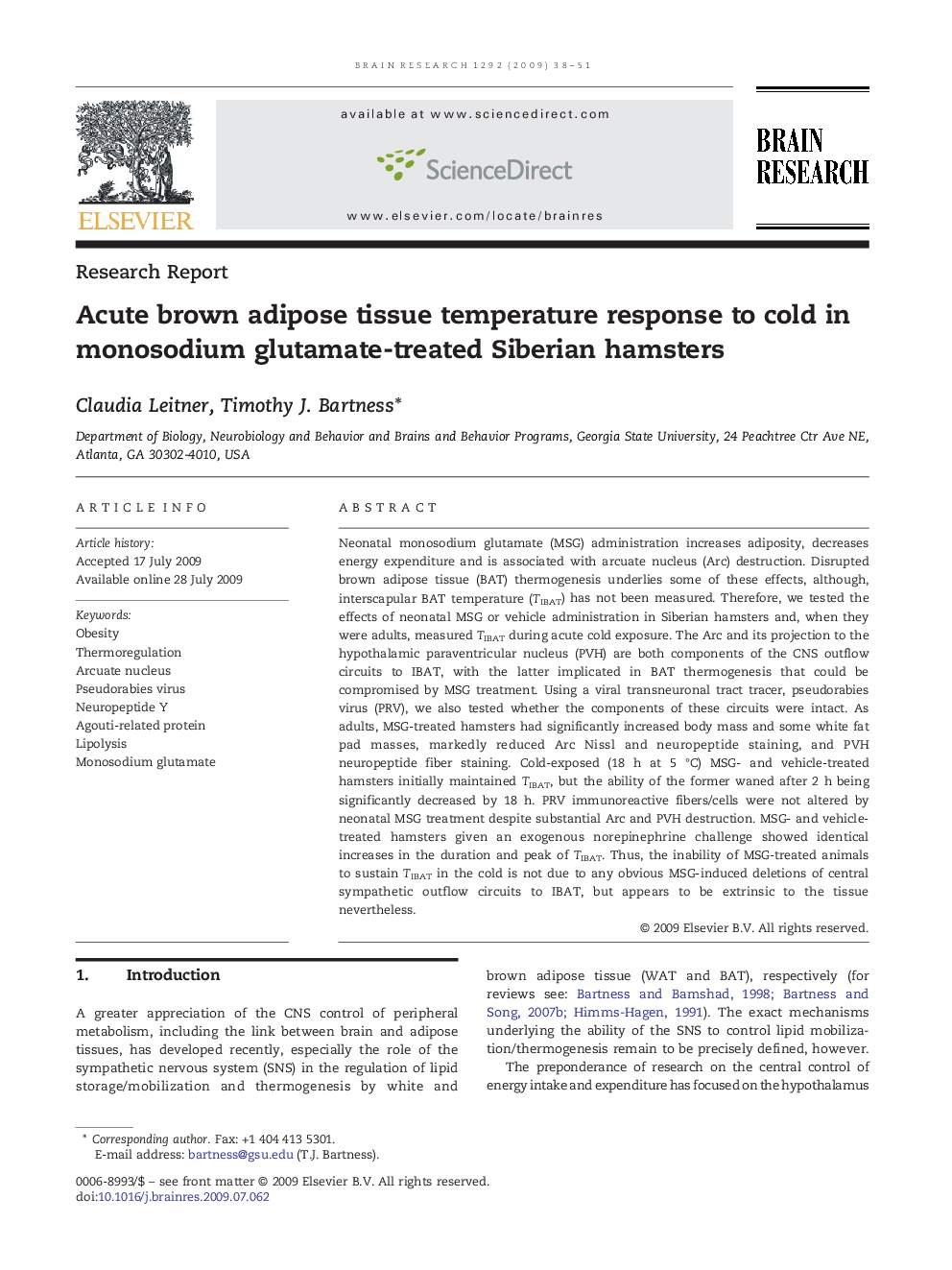 Research ReportAcute brown adipose tissue temperature response to cold in monosodium glutamate-treated Siberian hamsters