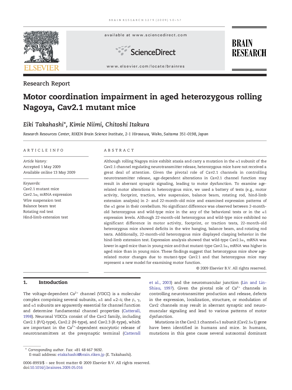 Research ReportMotor coordination impairment in aged heterozygous rolling Nagoya, Cav2.1 mutant mice