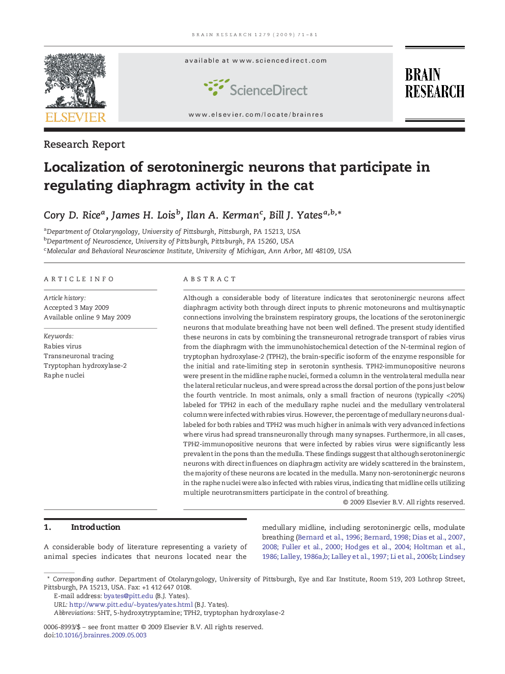 Research ReportLocalization of serotoninergic neurons that participate in regulating diaphragm activity in the cat