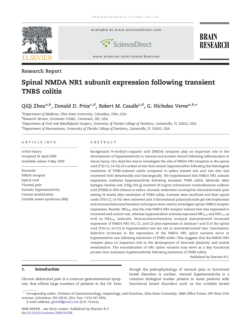 Research ReportSpinal NMDA NR1 subunit expression following transient TNBS colitis