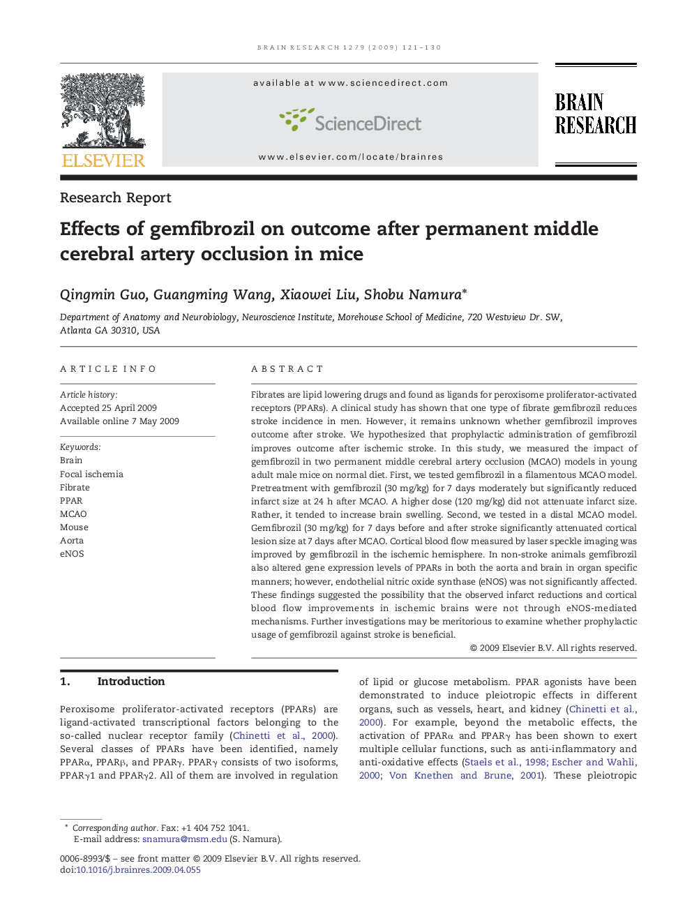 Research ReportEffects of gemfibrozil on outcome after permanent middle cerebral artery occlusion in mice