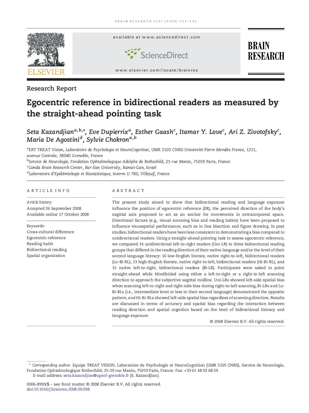 Research ReportEgocentric reference in bidirectional readers as measured by the straight-ahead pointing task