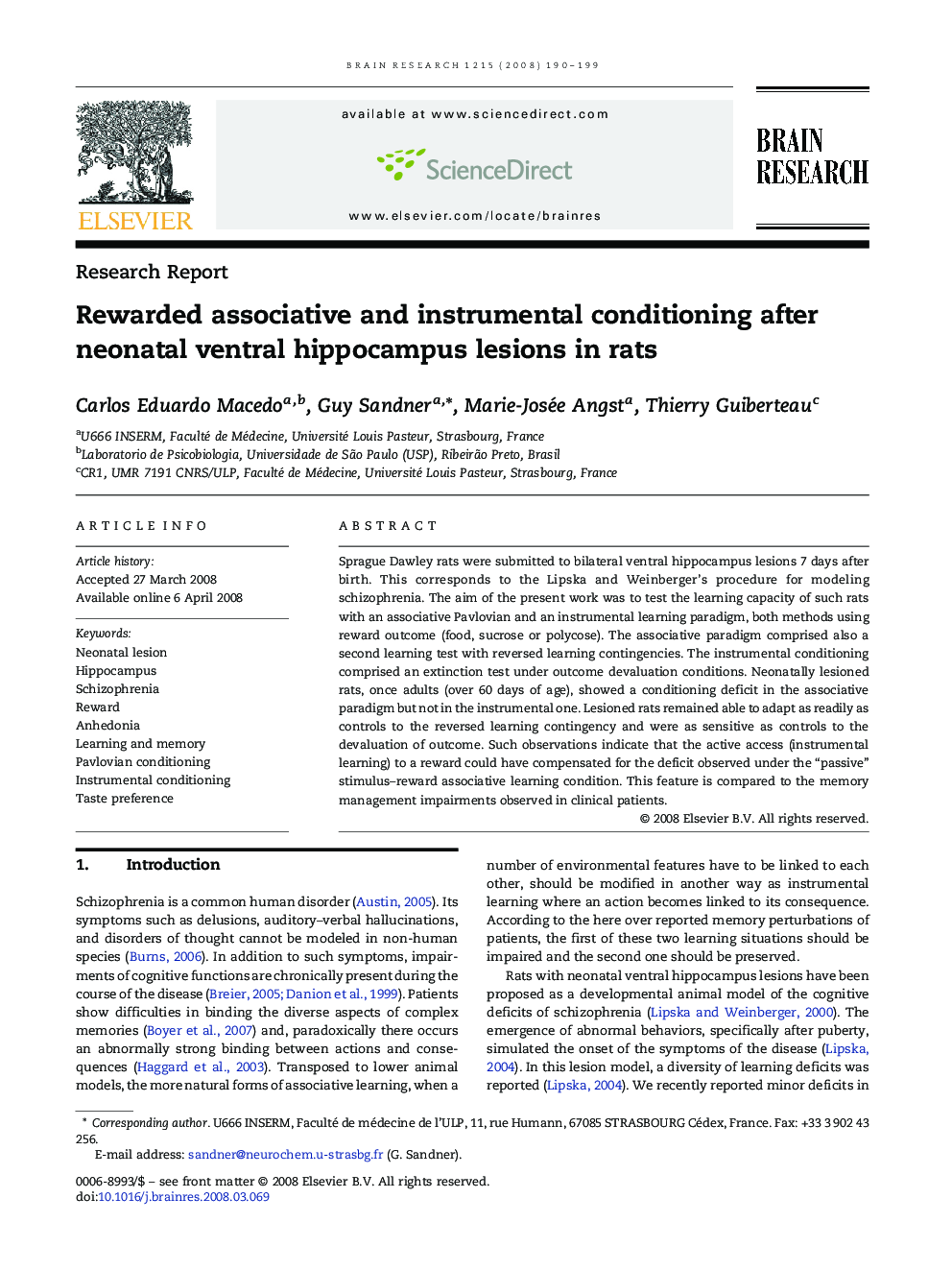 Research ReportRewarded associative and instrumental conditioning after neonatal ventral hippocampus lesions in rats