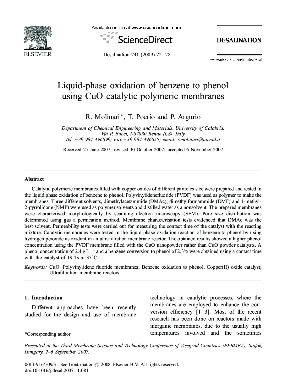 Liquid-phase oxidation of benzene to phenol using CuO catalytic polymeric membranes