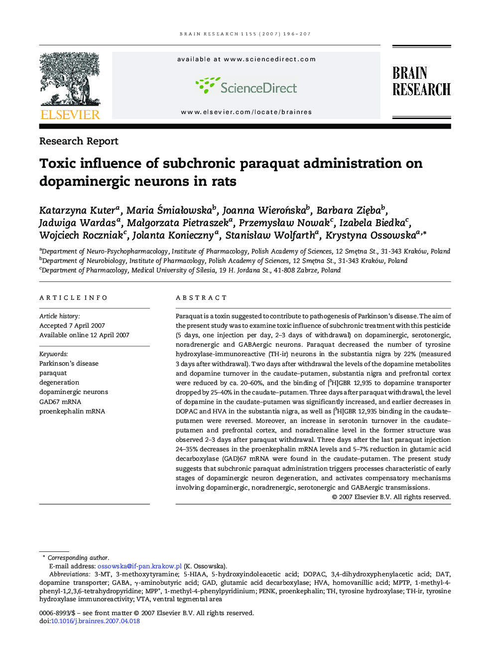 Research ReportToxic influence of subchronic paraquat administration on dopaminergic neurons in rats