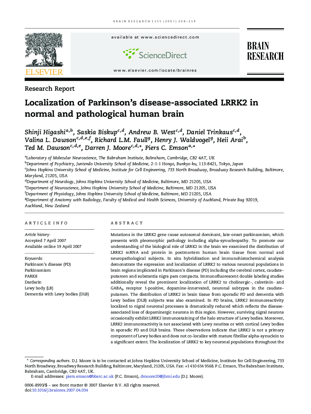 Research ReportLocalization of Parkinson's disease-associated LRRK2 in normal and pathological human brain