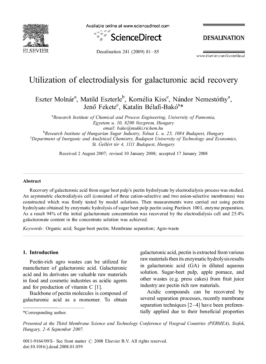 Utilization of electrodialysis for galacturonic acid recovery